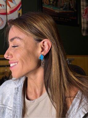 Southwestern Turquoise Inlay Earrings Silver Tone Geometric Studs Boho Western